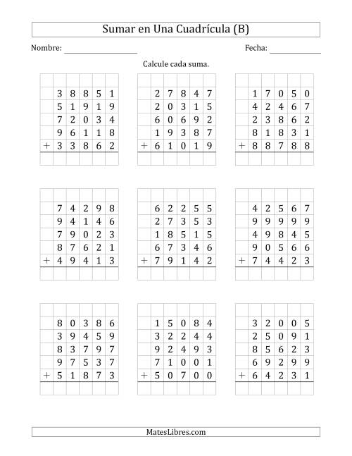 La hoja de ejercicios de Sumar Cinco Números de Cinco Dígitos en Una Cuadrícula (B)