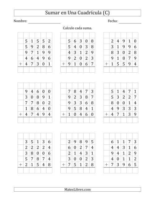 La hoja de ejercicios de Sumar Cinco Números de Cinco Dígitos en Una Cuadrícula (C)