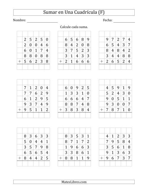 La hoja de ejercicios de Sumar Cinco Números de Cinco Dígitos en Una Cuadrícula (F)