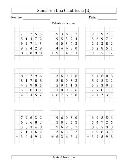 La hoja de ejercicios de Sumar Cinco Números de Cinco Dígitos en Una Cuadrícula (G)
