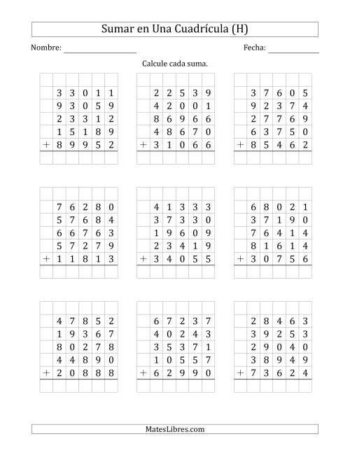 La hoja de ejercicios de Sumar Cinco Números de Cinco Dígitos en Una Cuadrícula (H)