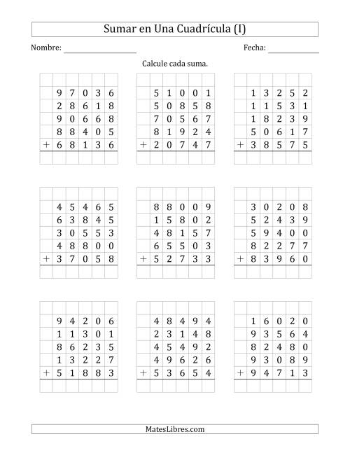 La hoja de ejercicios de Sumar Cinco Números de Cinco Dígitos en Una Cuadrícula (I)