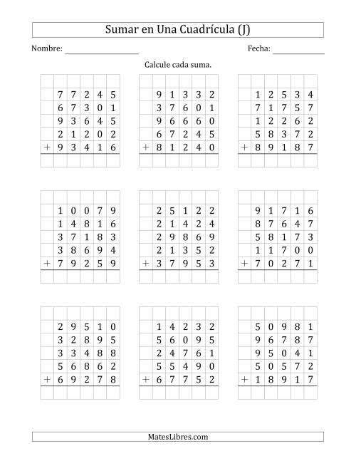 La hoja de ejercicios de Sumar Cinco Números de Cinco Dígitos en Una Cuadrícula (J)