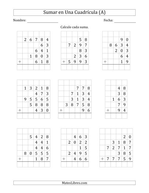 La hoja de ejercicios de Sumar Cinco Números de Varios Dígitos en Una Cuadrícula (A)