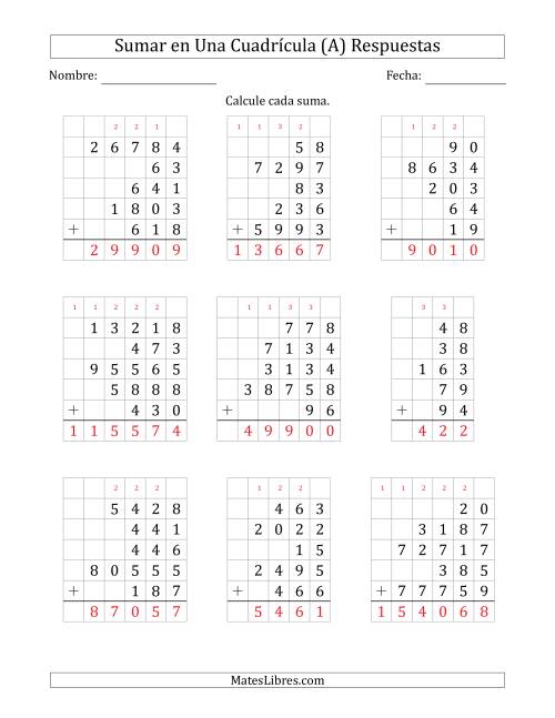 La hoja de ejercicios de Sumar Cinco Números de Varios Dígitos en Una Cuadrícula (A) Página 2