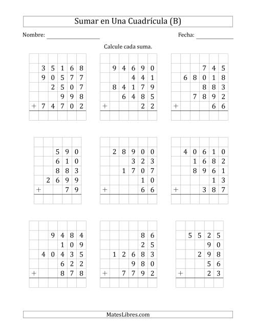 La hoja de ejercicios de Sumar Cinco Números de Varios Dígitos en Una Cuadrícula (B)
