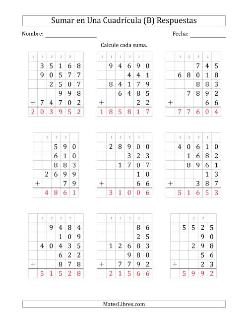 La hoja de ejercicios de Sumar Cinco Números de Varios Dígitos en Una Cuadrícula (B) Página 2