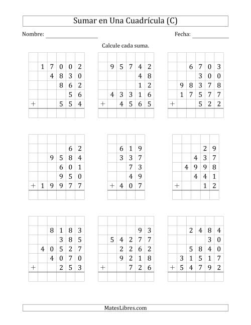 La hoja de ejercicios de Sumar Cinco Números de Varios Dígitos en Una Cuadrícula (C)