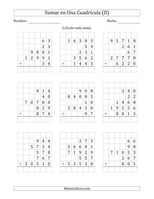 La hoja de ejercicios de Sumar Cinco Números de Varios Dígitos en Una Cuadrícula (D)