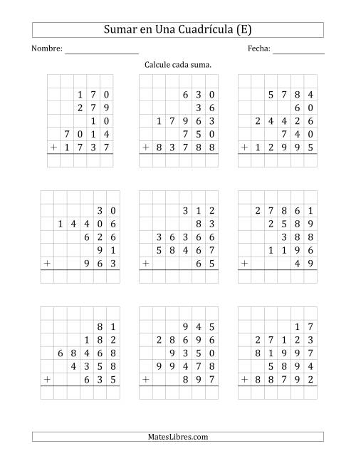 La hoja de ejercicios de Sumar Cinco Números de Varios Dígitos en Una Cuadrícula (E)