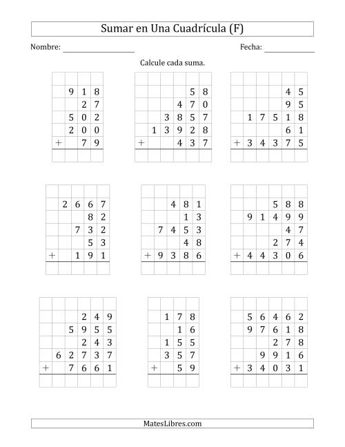 La hoja de ejercicios de Sumar Cinco Números de Varios Dígitos en Una Cuadrícula (F)