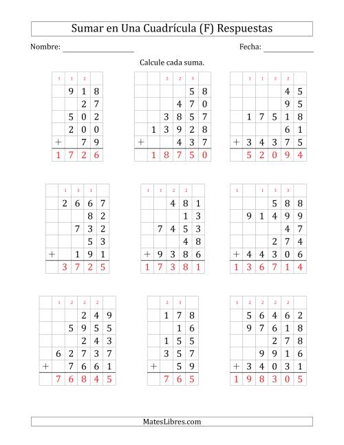 La hoja de ejercicios de Sumar Cinco Números de Varios Dígitos en Una Cuadrícula (F) Página 2