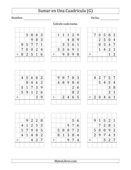La hoja de ejercicios de Sumar Cinco Números de Varios Dígitos en Una Cuadrícula (G)