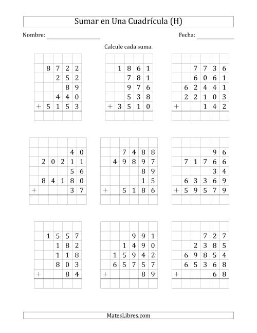 La hoja de ejercicios de Sumar Cinco Números de Varios Dígitos en Una Cuadrícula (H)