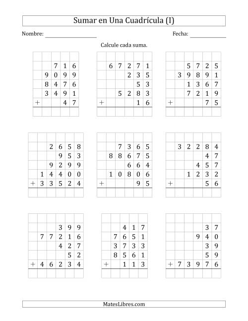 La hoja de ejercicios de Sumar Cinco Números de Varios Dígitos en Una Cuadrícula (I)