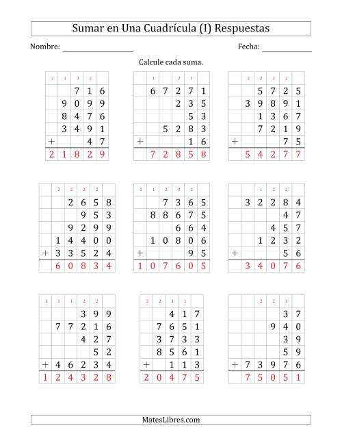 La hoja de ejercicios de Sumar Cinco Números de Varios Dígitos en Una Cuadrícula (I) Página 2