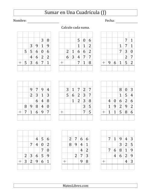La hoja de ejercicios de Sumar Cinco Números de Varios Dígitos en Una Cuadrícula (J)