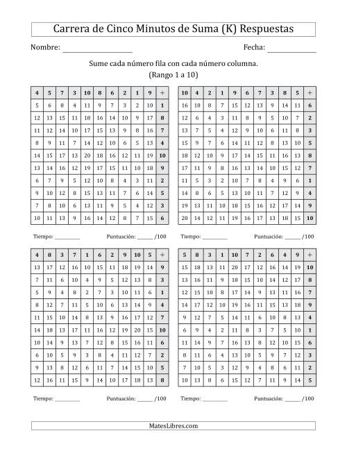 La hoja de ejercicios de Carrera de Cinco Minutos de Suma (Rango de los Sumandos 1 a 10) (4 Tablas) (Para Zurdos) (K) Página 2