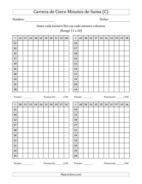 La hoja de ejercicios de Carrera de Cinco Minutos de Suma (Rango de los Sumandos 11 a 20) (4 Tablas) (C)