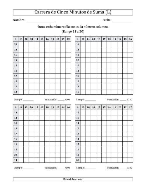 La hoja de ejercicios de Carrera de Cinco Minutos de Suma (Rango de los Sumandos 11 a 20) (4 Tablas) (L)