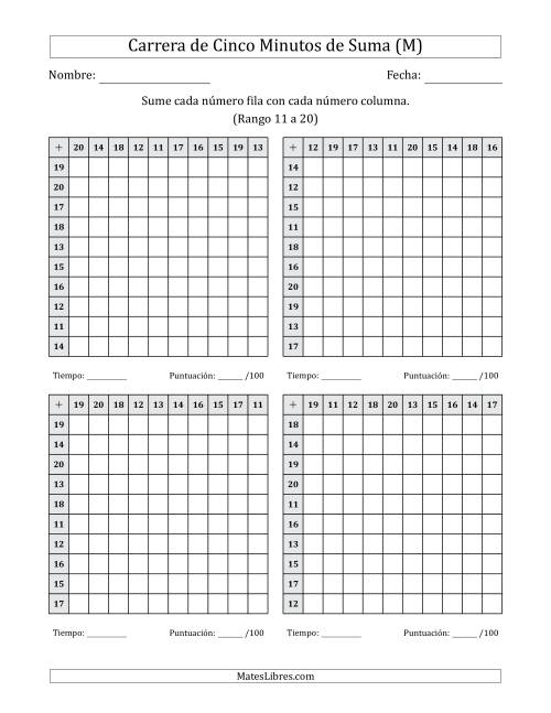 La hoja de ejercicios de Carrera de Cinco Minutos de Suma (Rango de los Sumandos 11 a 20) (4 Tablas) (M)