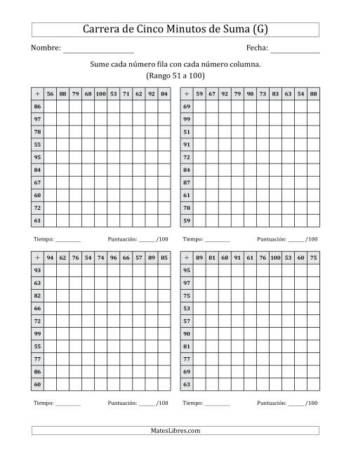 La hoja de ejercicios de Carrera de Cinco Minutos de Suma (Rango de los Sumandos 51 a 100) (4 Tablas) (G)