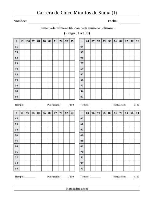 La hoja de ejercicios de Carrera de Cinco Minutos de Suma (Rango de los Sumandos 51 a 100) (4 Tablas) (I)