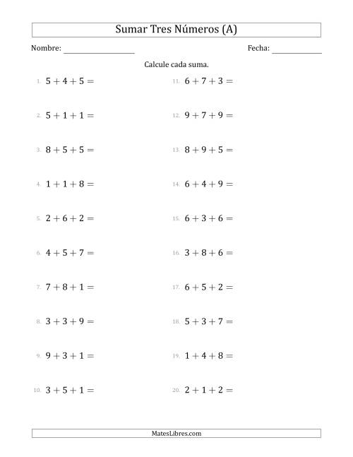 La hoja de ejercicios de Sumar Tres Números Horizontalmente (Rango de 1 a 9) (A)