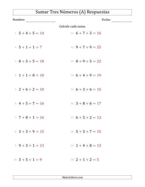 La hoja de ejercicios de Sumar Tres Números Horizontalmente (Rango de 1 a 9) (A) Página 2
