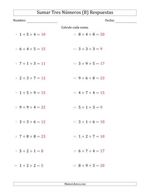 La hoja de ejercicios de Sumar Tres Números Horizontalmente (Rango de 1 a 9) (B) Página 2