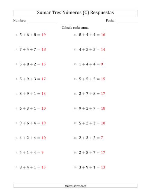 La hoja de ejercicios de Sumar Tres Números Horizontalmente (Rango de 1 a 9) (C) Página 2