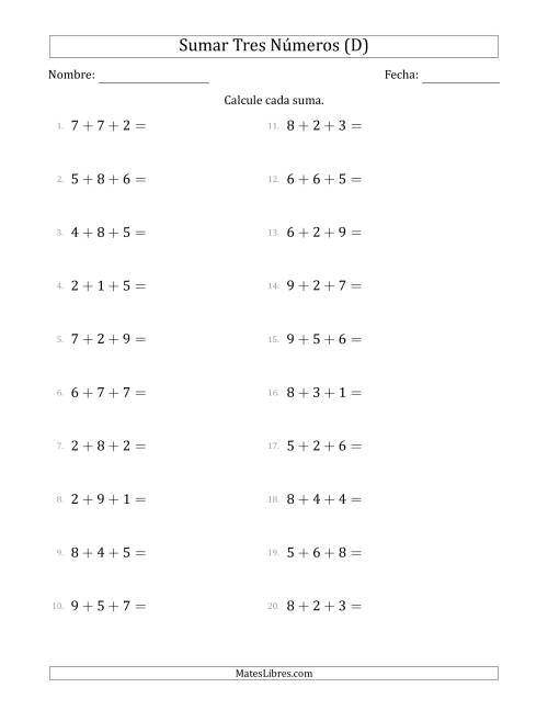 La hoja de ejercicios de Sumar Tres Números Horizontalmente (Rango de 1 a 9) (D)