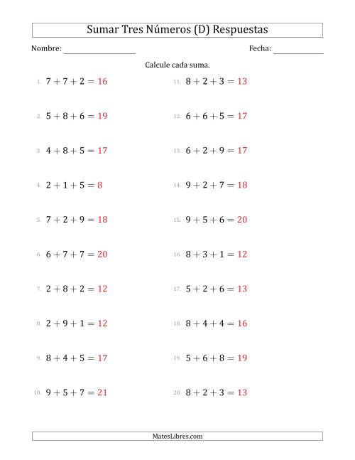 La hoja de ejercicios de Sumar Tres Números Horizontalmente (Rango de 1 a 9) (D) Página 2