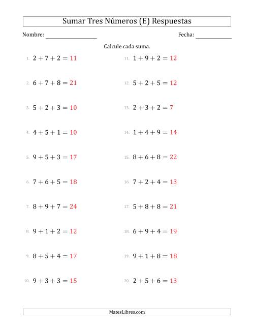 La hoja de ejercicios de Sumar Tres Números Horizontalmente (Rango de 1 a 9) (E) Página 2