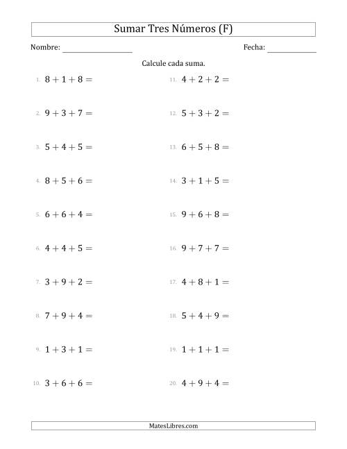 La hoja de ejercicios de Sumar Tres Números Horizontalmente (Rango de 1 a 9) (F)