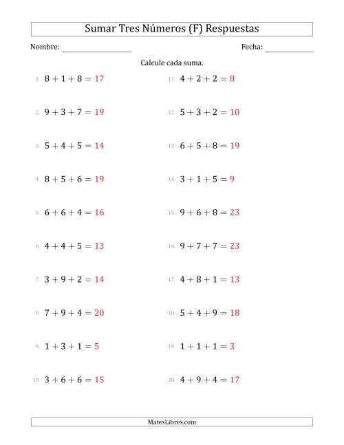 La hoja de ejercicios de Sumar Tres Números Horizontalmente (Rango de 1 a 9) (F) Página 2