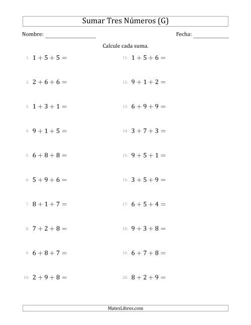 La hoja de ejercicios de Sumar Tres Números Horizontalmente (Rango de 1 a 9) (G)