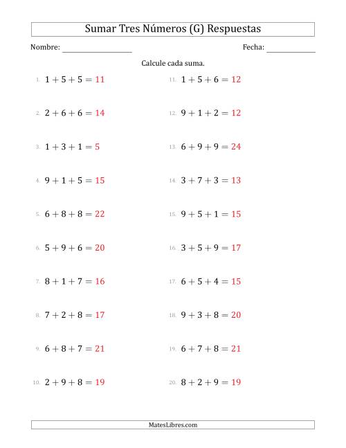 La hoja de ejercicios de Sumar Tres Números Horizontalmente (Rango de 1 a 9) (G) Página 2