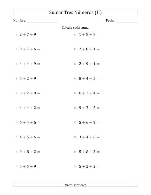 La hoja de ejercicios de Sumar Tres Números Horizontalmente (Rango de 1 a 9) (H)