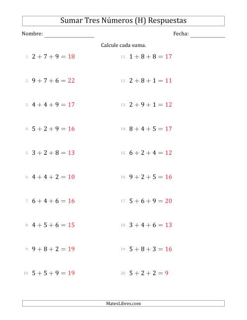 La hoja de ejercicios de Sumar Tres Números Horizontalmente (Rango de 1 a 9) (H) Página 2