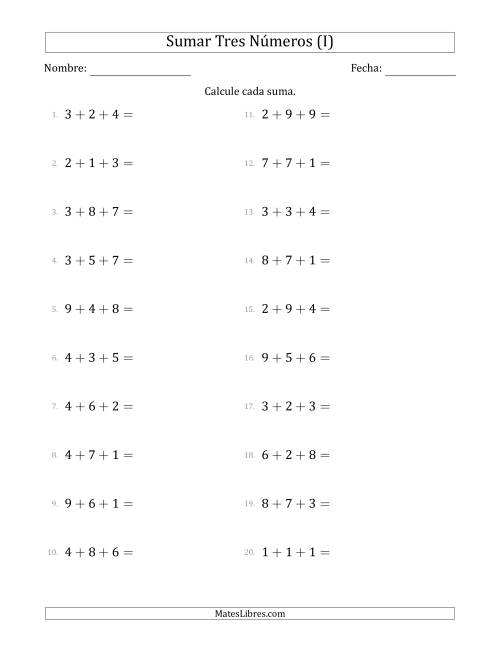 La hoja de ejercicios de Sumar Tres Números Horizontalmente (Rango de 1 a 9) (I)
