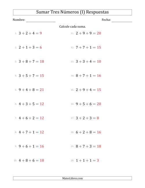 La hoja de ejercicios de Sumar Tres Números Horizontalmente (Rango de 1 a 9) (I) Página 2