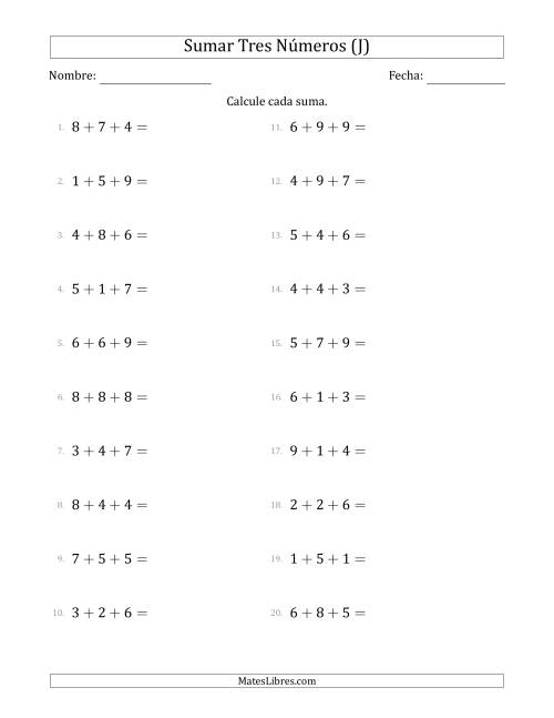 La hoja de ejercicios de Sumar Tres Números Horizontalmente (Rango de 1 a 9) (J)
