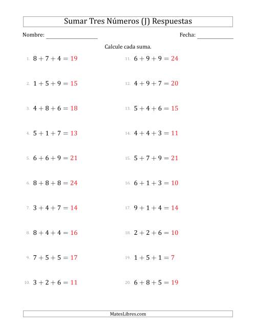 La hoja de ejercicios de Sumar Tres Números Horizontalmente (Rango de 1 a 9) (J) Página 2