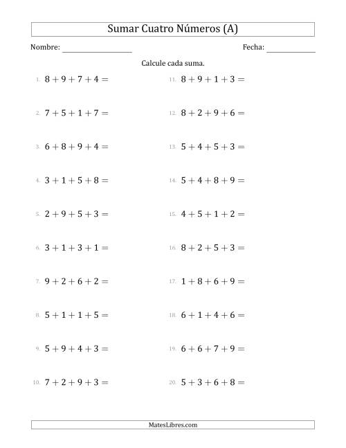 La hoja de ejercicios de Sumar Cuatro Números Horizontalmente (Rango de 1 a 9) (A)