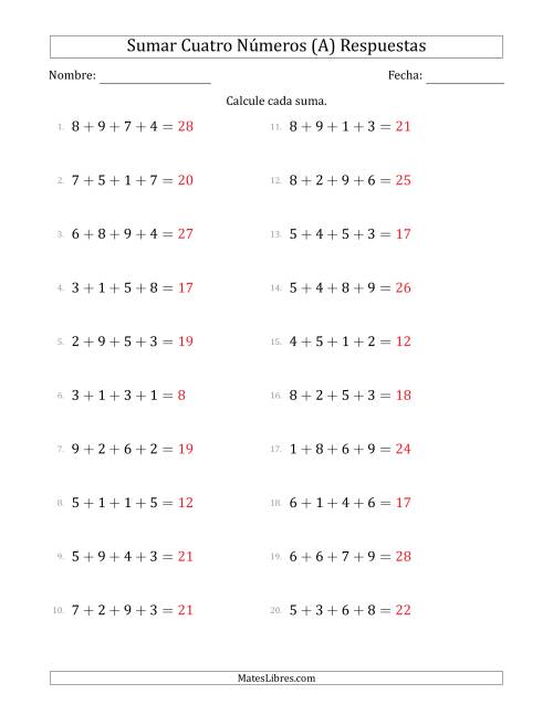 La hoja de ejercicios de Sumar Cuatro Números Horizontalmente (Rango de 1 a 9) (A) Página 2