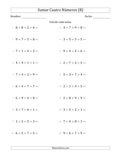 La hoja de ejercicios de Sumar Cuatro Números Horizontalmente (Rango de 1 a 9) (B)