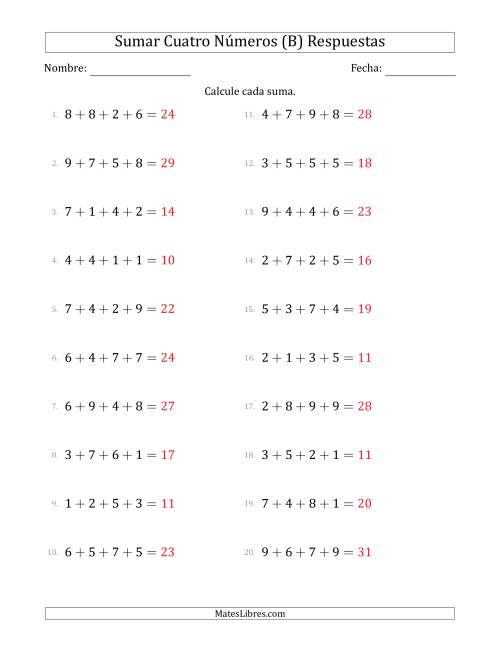 La hoja de ejercicios de Sumar Cuatro Números Horizontalmente (Rango de 1 a 9) (B) Página 2