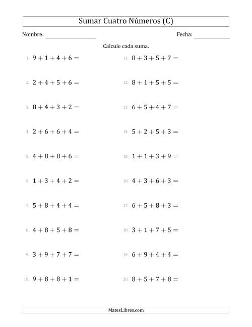 La hoja de ejercicios de Sumar Cuatro Números Horizontalmente (Rango de 1 a 9) (C)