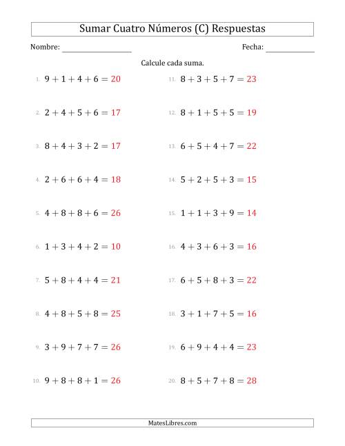La hoja de ejercicios de Sumar Cuatro Números Horizontalmente (Rango de 1 a 9) (C) Página 2